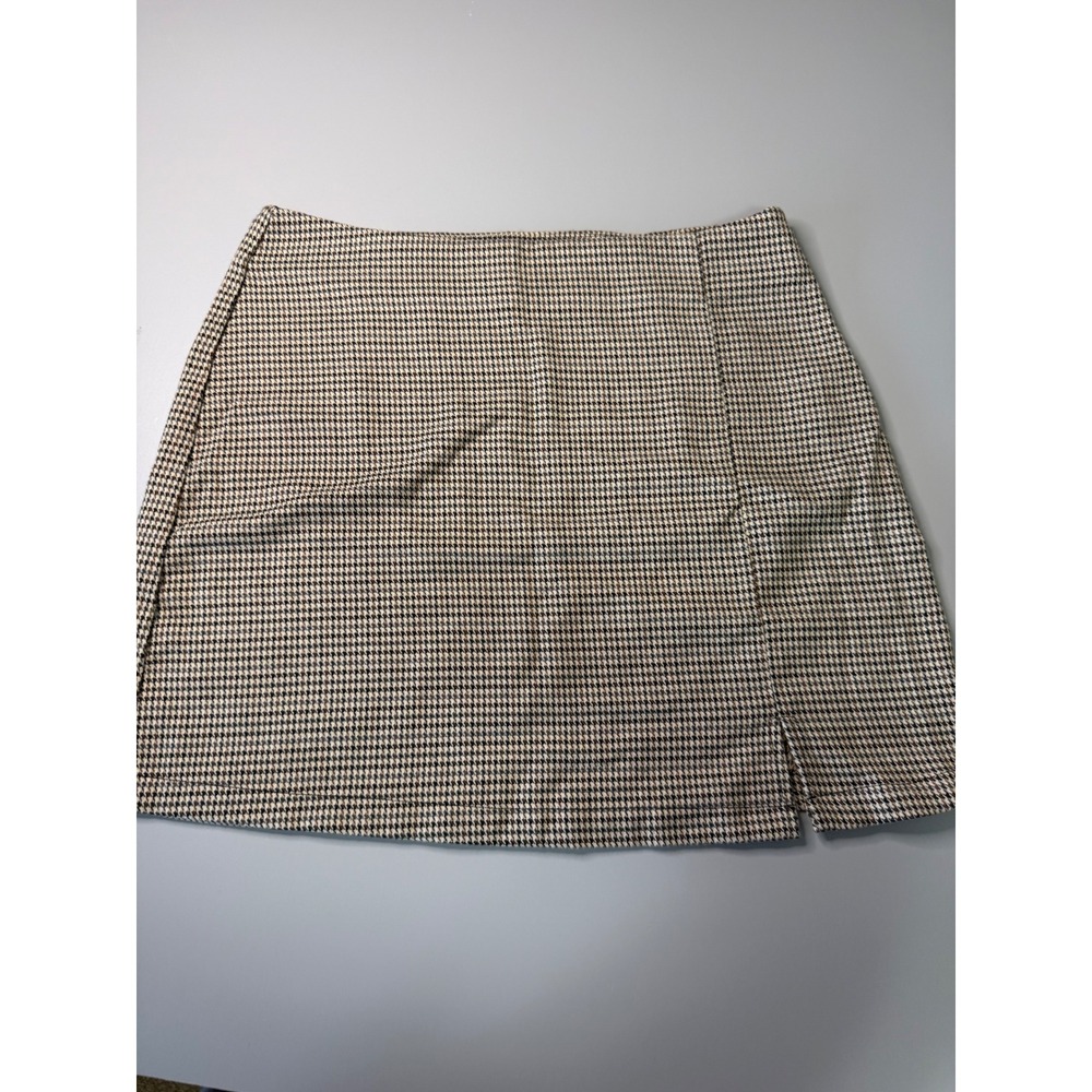 Cider Brown Houndstooth Mini Skirt Side Slit Preppy Dark Academia Womens Size M